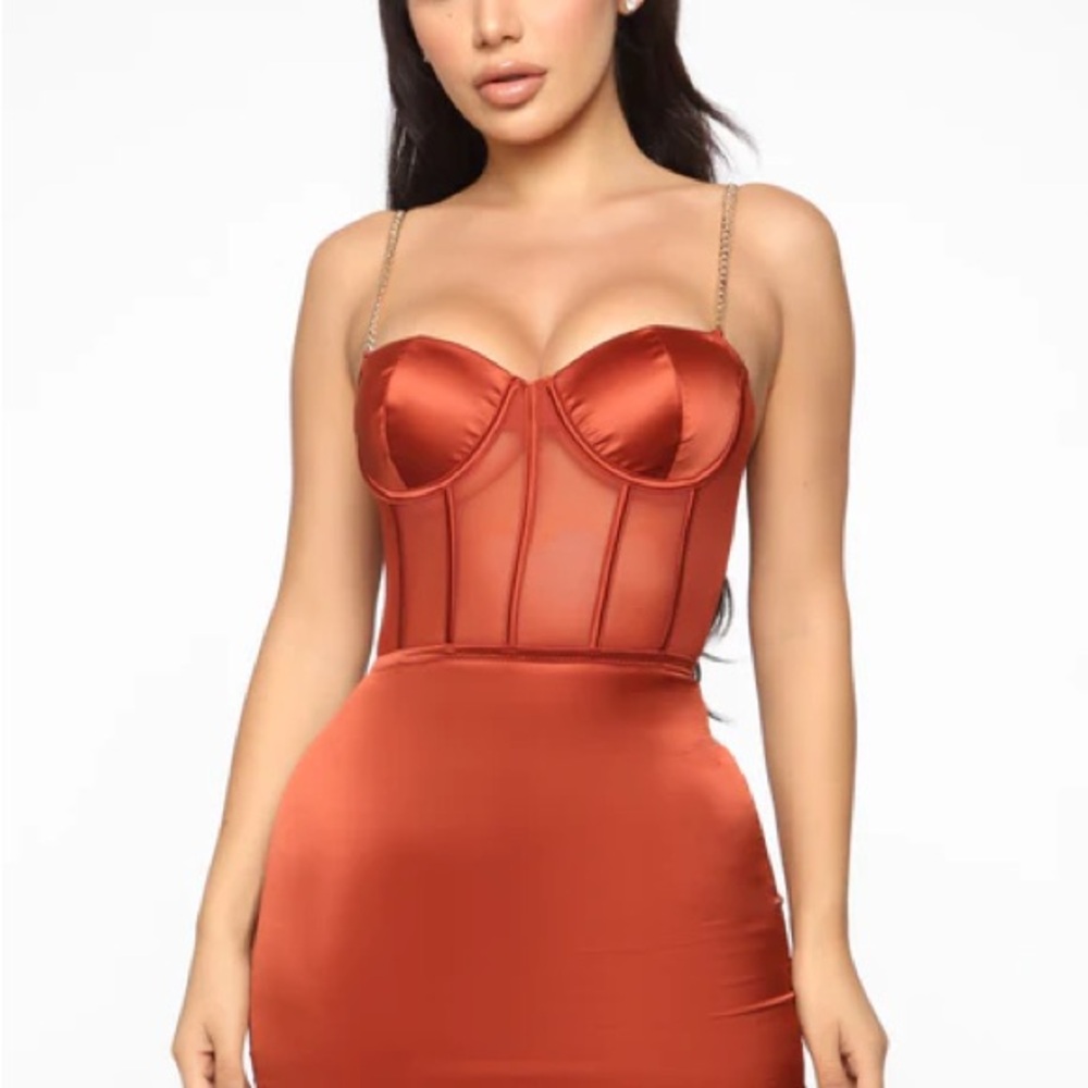 Fashion Nova Sexy Satin Mini Rust Colored Dress - Picture 3 of 5